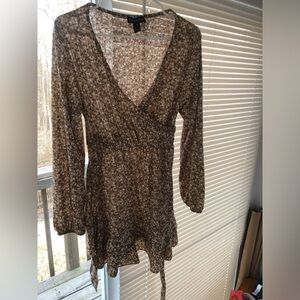 Woman’s Dress Flattering -Streetwear Society -Brown Floral Long Sleeve Dress.